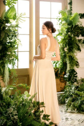 Halter Neck Silk Dress with Twisted Front Detail and Flowing A-Line Midi Skirt